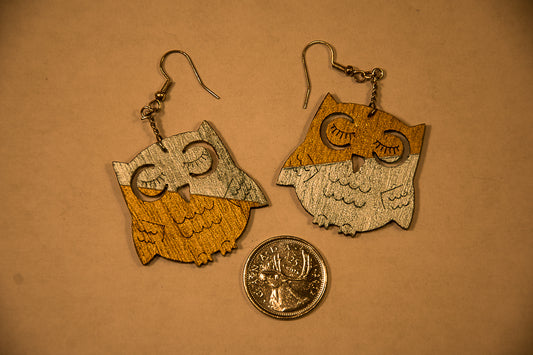 Gold and Blue - Wooden Owl Earrings