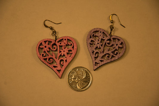 Purple and Pink - Wooden Heart Earrings