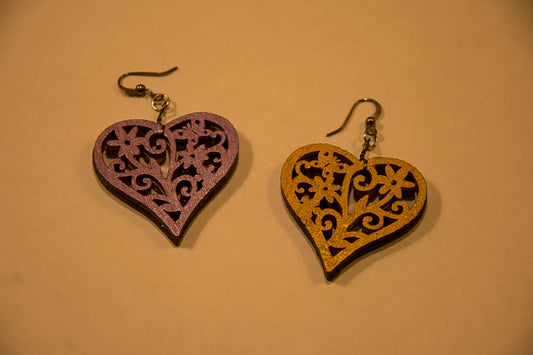 Purple and Gold - Wooden Heart Earrings