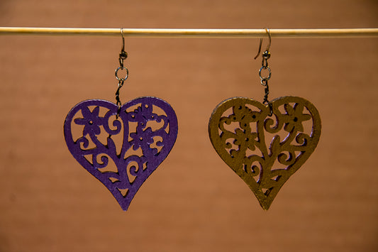 Purple and Gold - Wooden Heart Earrings