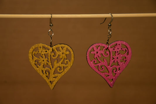 Gold/Pink/Purple - Wooden Heart Earrings