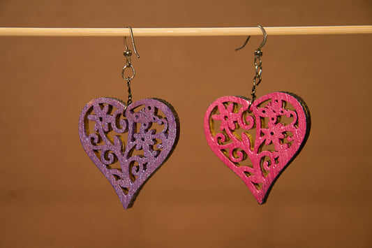 Purple and Pink - Wooden Heart Earrings