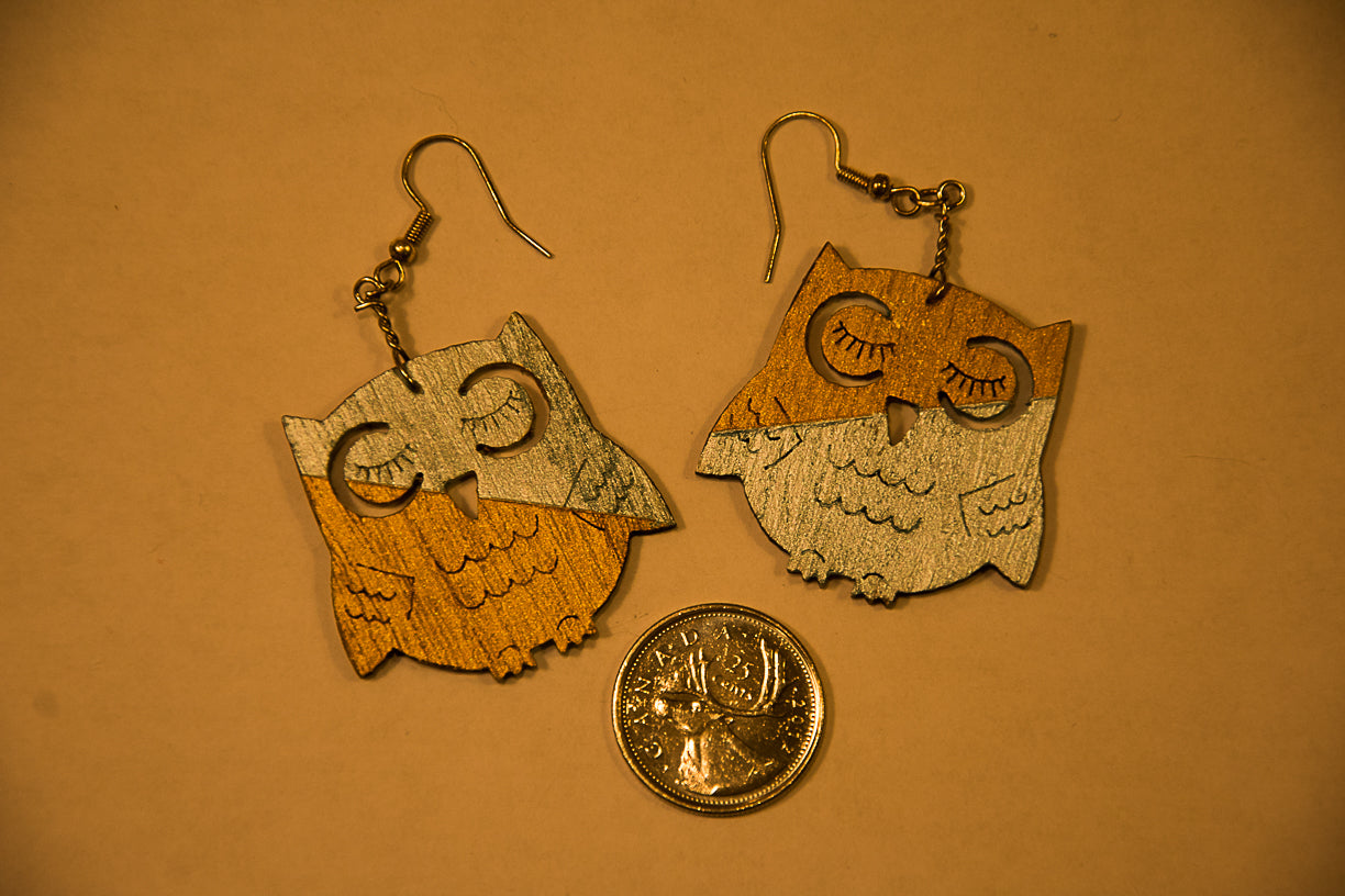 Gold and Blue - Wooden Owl Earrings